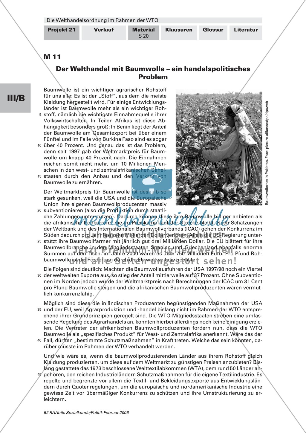 Fallbeispiel Baumwolle: ein handelspolitisches Problem. Arbeitsmaterial mit Erläuterungen Preview 1