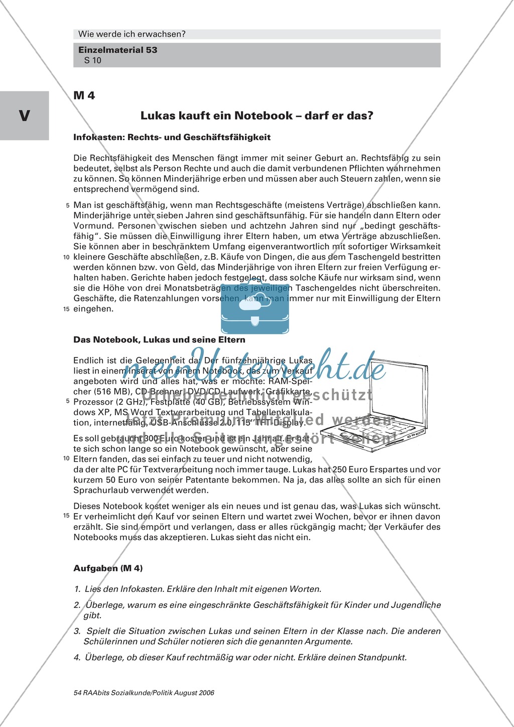 Erwachsenwerden: Rechts- und Geschäftsfähigkeit, Haftbarkeit und Jugendschutz. Arbeitsmaterial mit Erläuterungen Preview 1