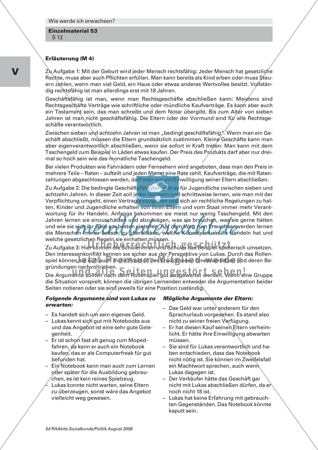 Erwachsenwerden: Rechts- und Geschäftsfähigkeit, Haftbarkeit und Jugendschutz. Arbeitsmaterial mit Erläuterungen Preview 3