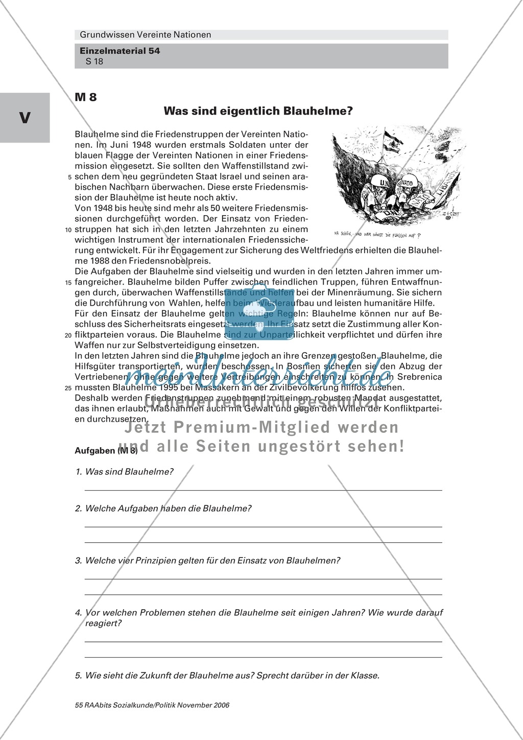 Die Rolle von Blauhelmen und Friedenssicherung im Rahmen der UNO: Arbeitsmaterial mit Erläuterungen Preview 1
