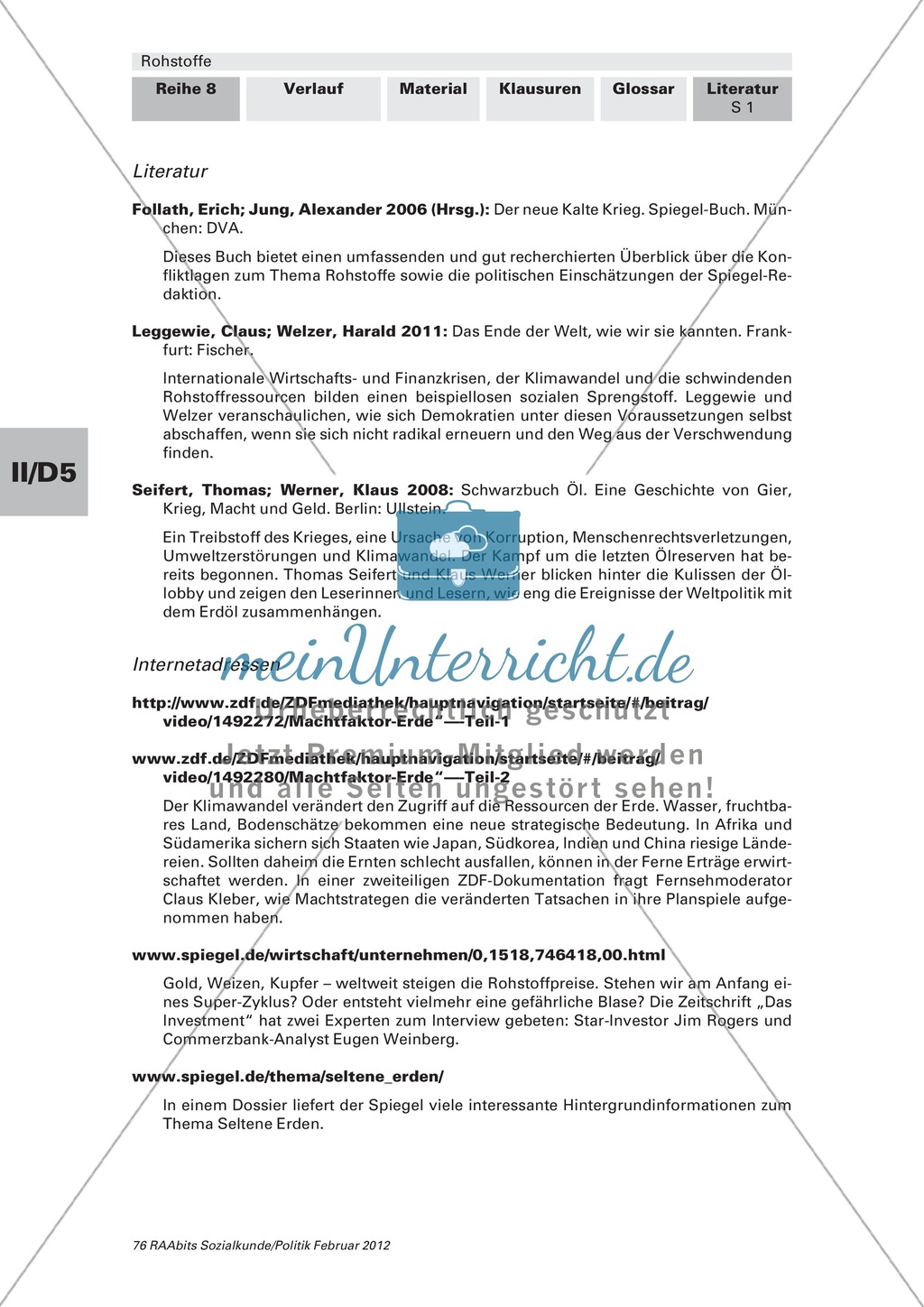 Auswahlbibliografie und Internetadressen zum Thema 'Rohstoffe' Preview 1