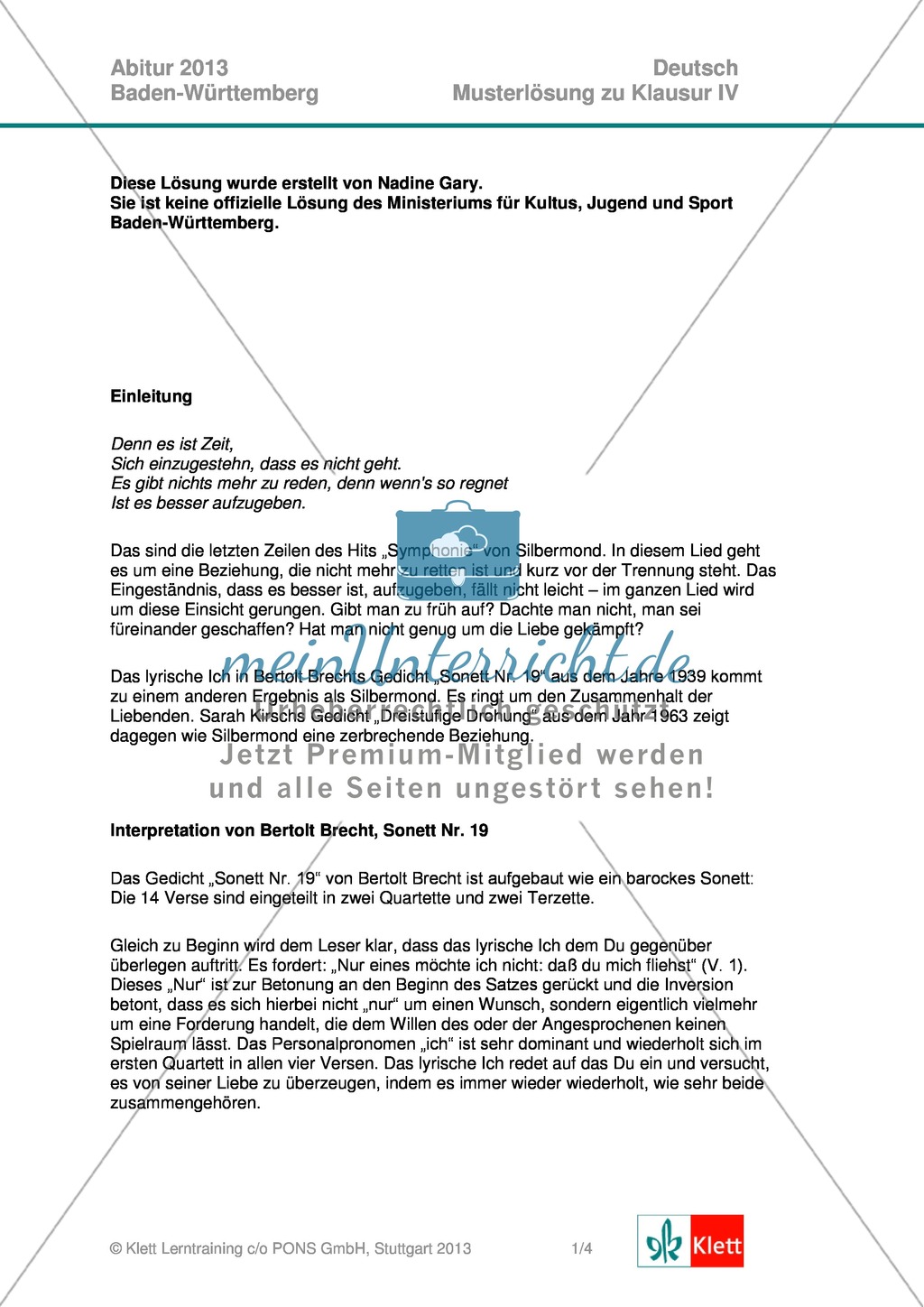 Abitur Baden-Württemberg 2013: Interpretation und Vergleich zweier Gedichte Preview 3