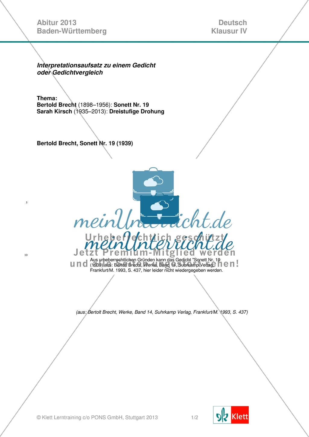 Abituraufgabe, Baden-Württemberg, 2013: Vergleich zweier Gedichte Preview 1