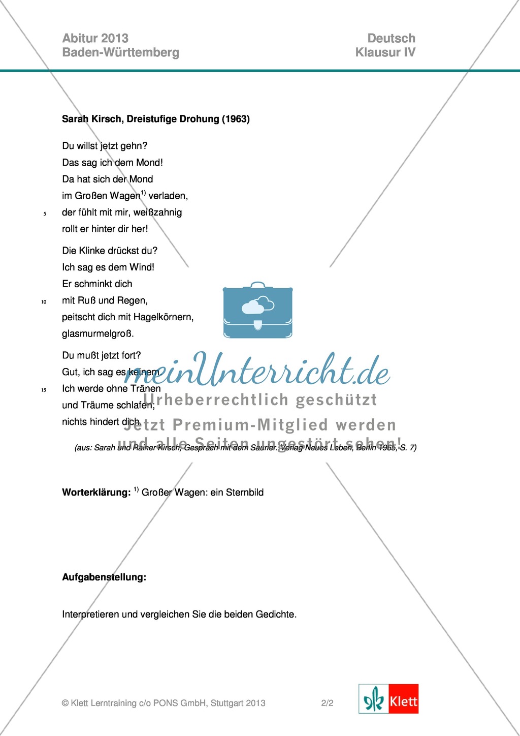 Abituraufgabe, Baden-Württemberg, 2013: Vergleich zweier Gedichte Preview 2