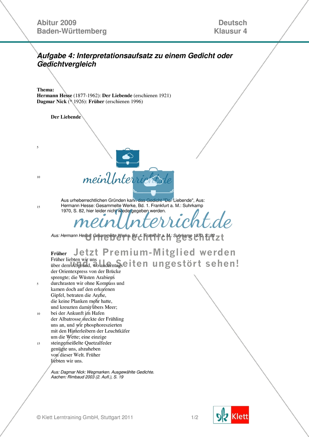 Abitur Baden-Württemberg 2009: Gedichtsinterpretation und Gedichtsvergleich Preview 1