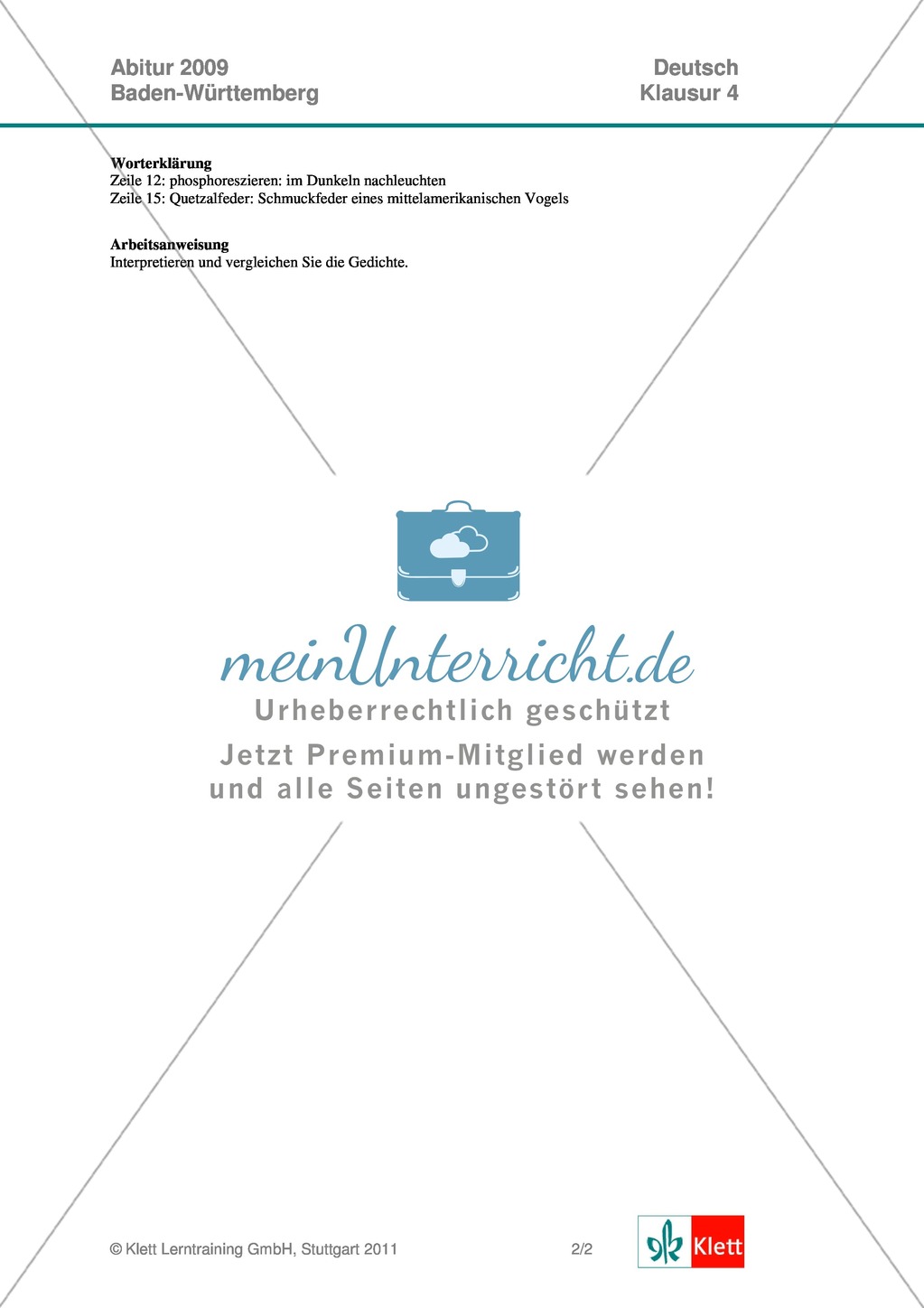 Abitur Baden-Württemberg 2009: Gedichtsinterpretation und Gedichtsvergleich Preview 2