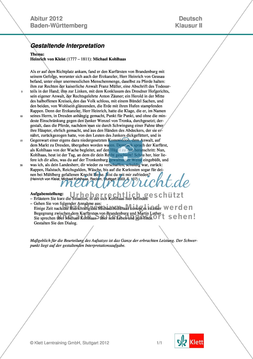 Abitur Baden-Württemberg 2012: Gestaltende Interpretation zu Kleists