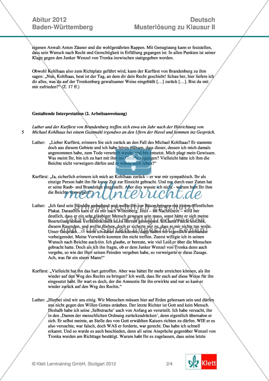 Abitur Baden-Württemberg 2012: Gestaltende Interpretation zu Kleists