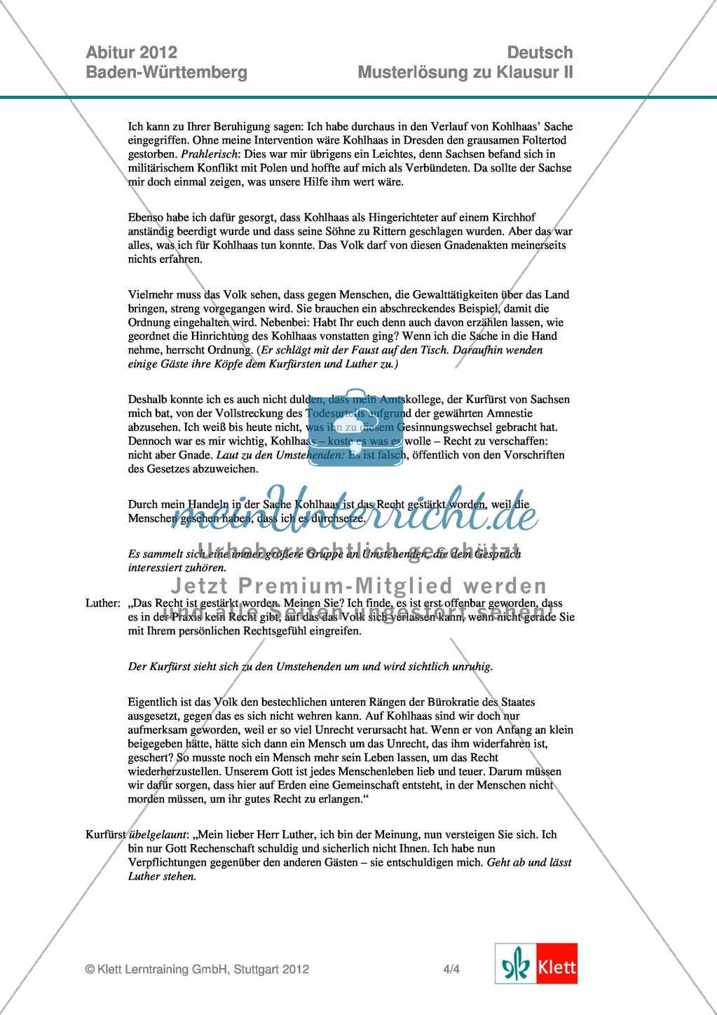 Abitur Baden-Württemberg 2012: Gestaltende Interpretation zu Kleists