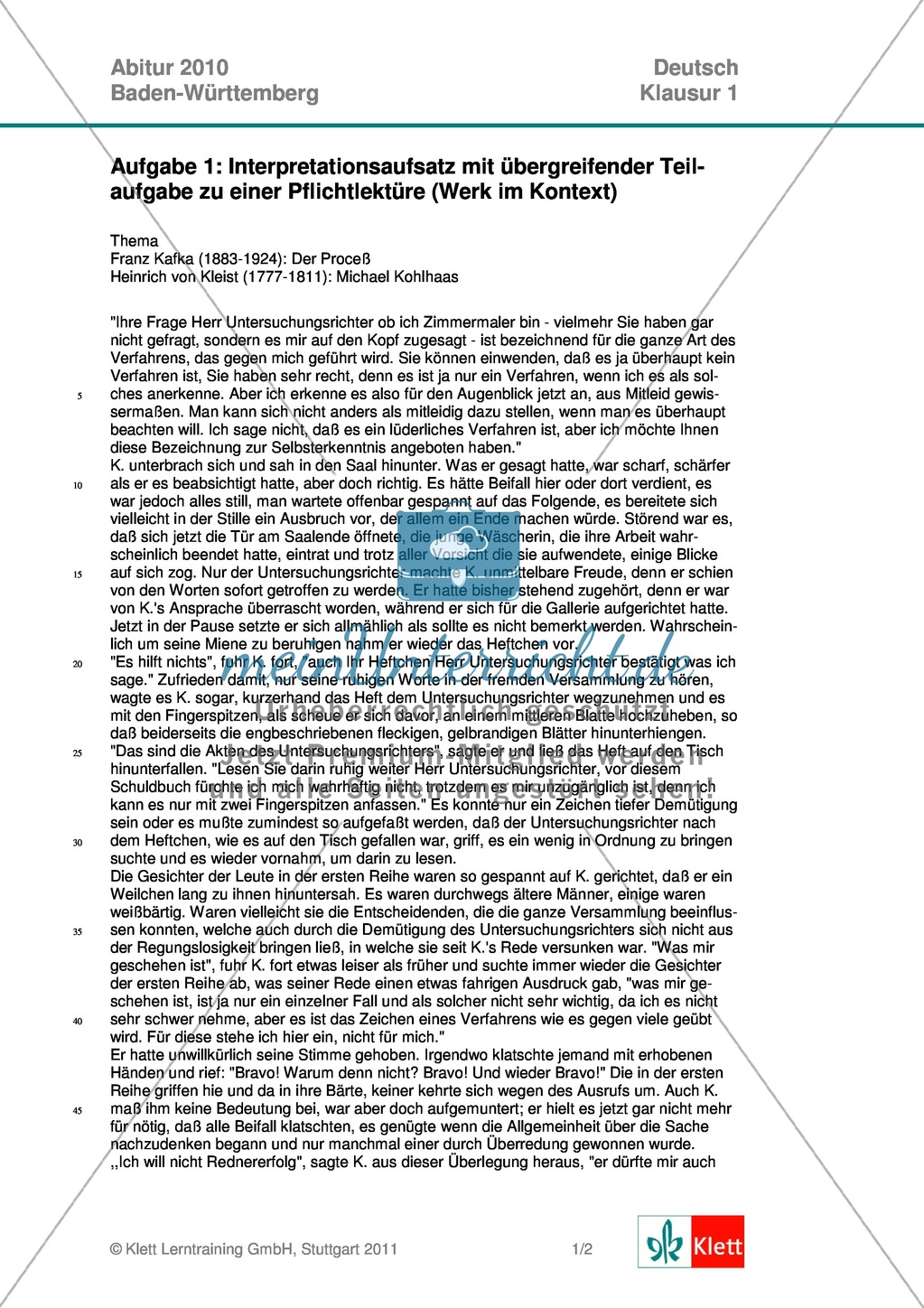 Abitur Baden-Württemberg 2010: Analyse und Interpretation literarischer Texte: