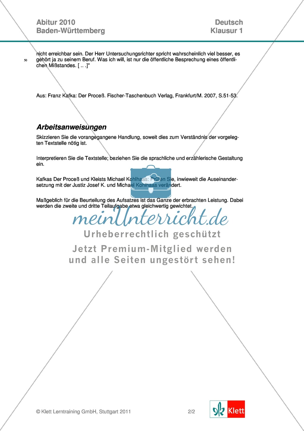 Abitur Baden-Württemberg 2010: Analyse und Interpretation literarischer Texte: