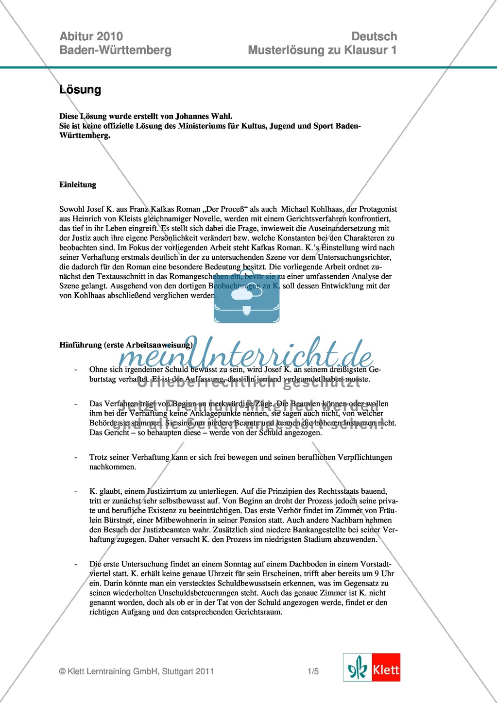 Abitur Baden-Württemberg 2010: Analyse und Interpretation literarischer Texte: