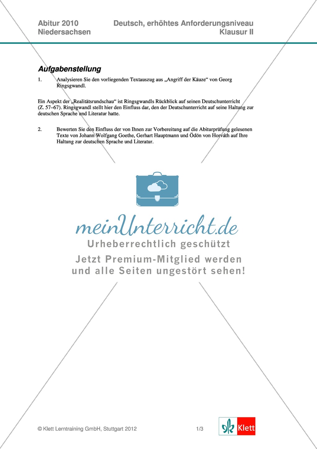 Abituraufgaben Niedersachsen 2010: Deutsch - Klausur II komplett (erhöhtes Anforderungsniveau) zur Analyse eines Textauszugs aus