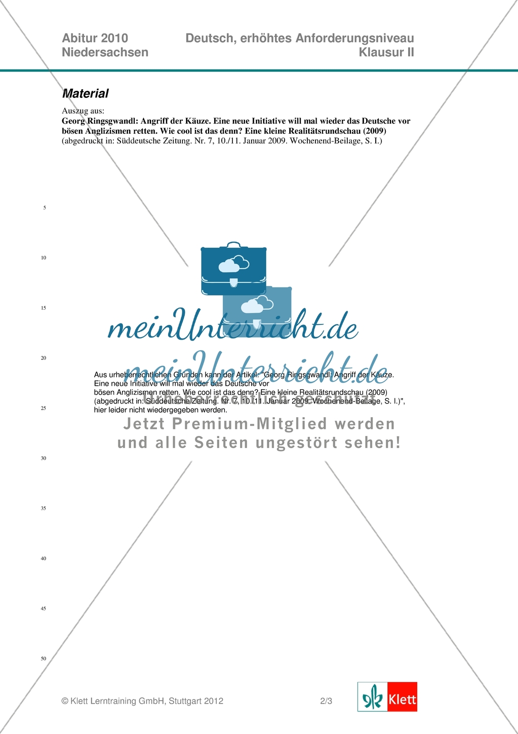 Abituraufgaben Niedersachsen 2010: Deutsch - Klausur II komplett (erhöhtes Anforderungsniveau) zur Analyse eines Textauszugs aus