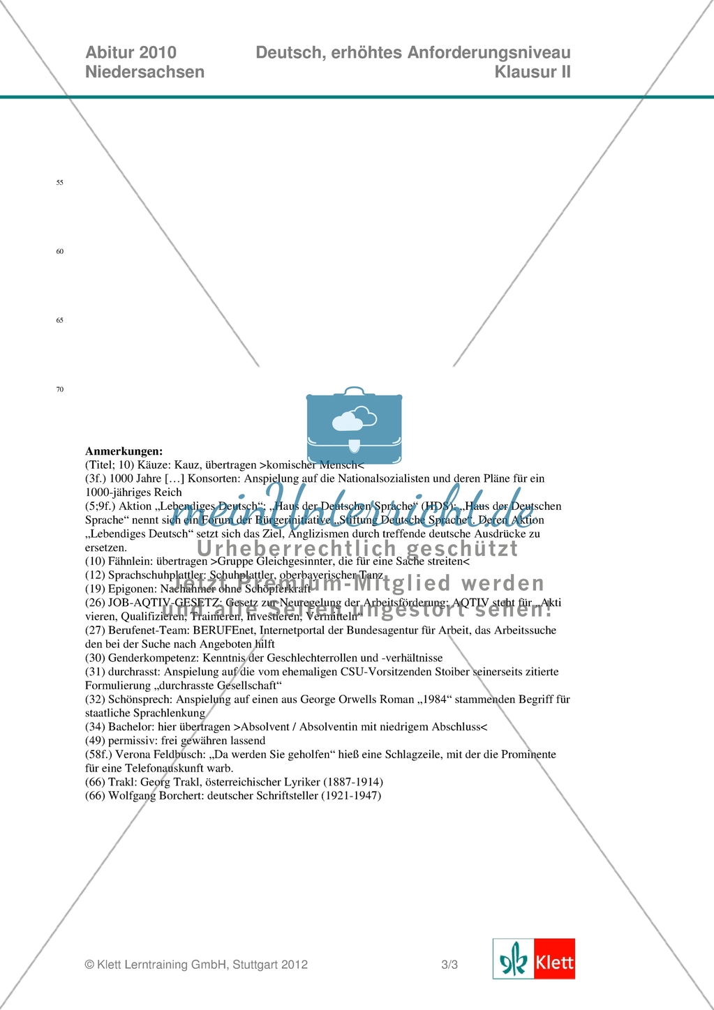Abituraufgaben Niedersachsen 2010: Deutsch - Klausur II komplett (erhöhtes Anforderungsniveau) zur Analyse eines Textauszugs aus