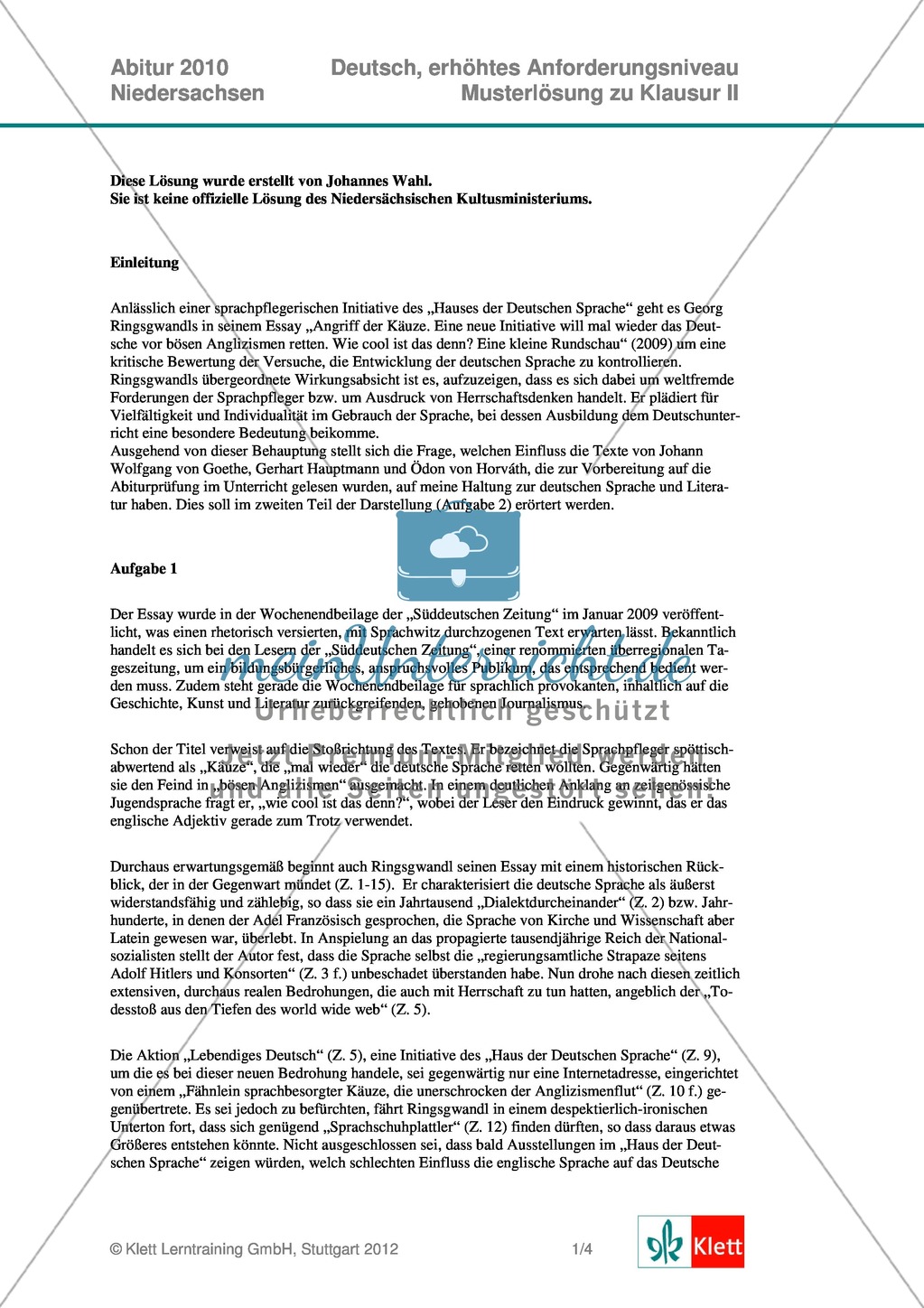 Abituraufgaben Niedersachsen 2010: Deutsch - Klausur II komplett (erhöhtes Anforderungsniveau) zur Analyse eines Textauszugs aus