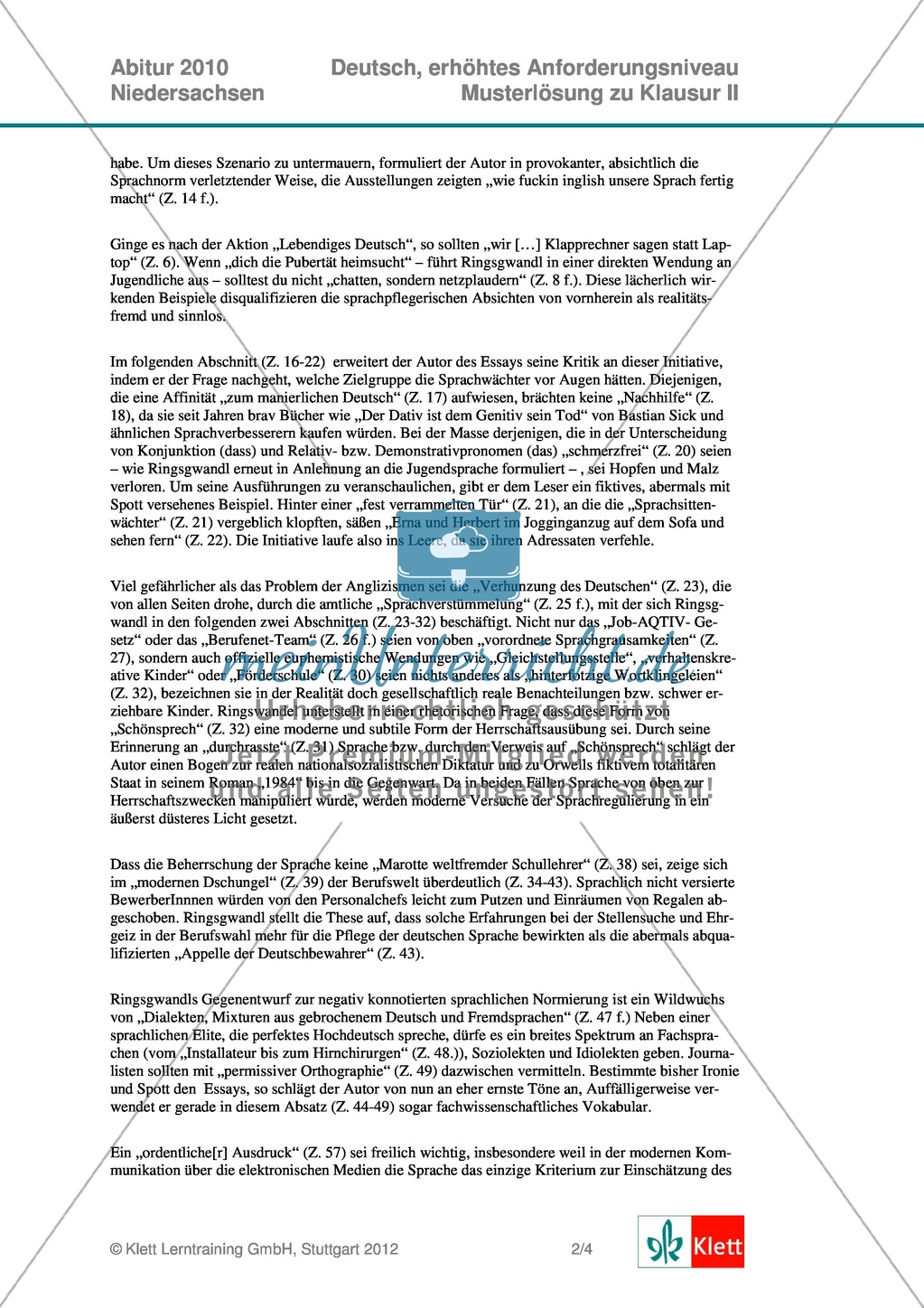 Abituraufgaben Niedersachsen 2010: Deutsch - Klausur II komplett (erhöhtes Anforderungsniveau) zur Analyse eines Textauszugs aus