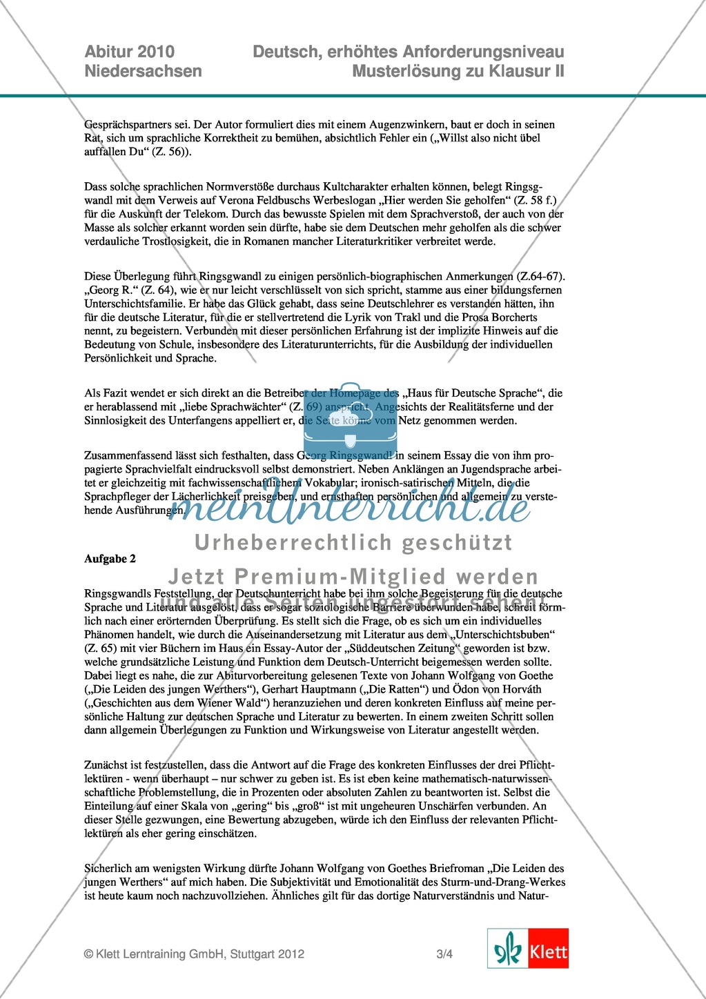 Abituraufgaben Niedersachsen 2010: Deutsch - Klausur II komplett (erhöhtes Anforderungsniveau) zur Analyse eines Textauszugs aus
