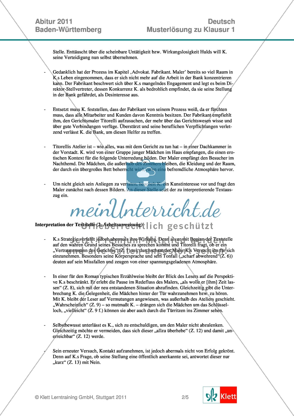 Abituraufgaben Baden-Württemberg 2011: Klausur 1/Aufgabe 1 - Interpretationsaufsatz zu Franz Kafkas