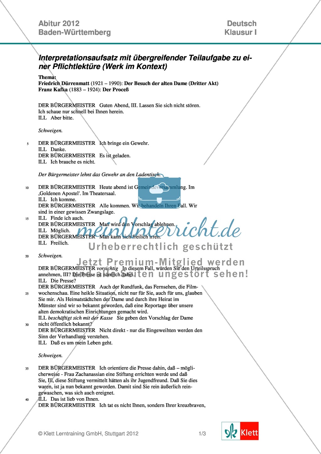 Abitur Baden-Württemberg 2012: Analyse und Interpretation literarischer Texte: