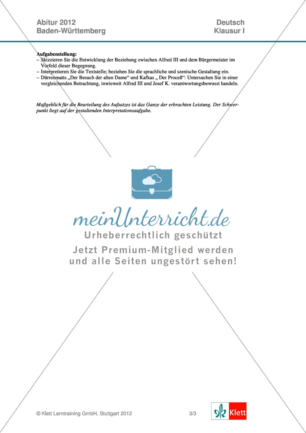 Abitur Baden-Württemberg 2012: Analyse und Interpretation literarischer Texte: