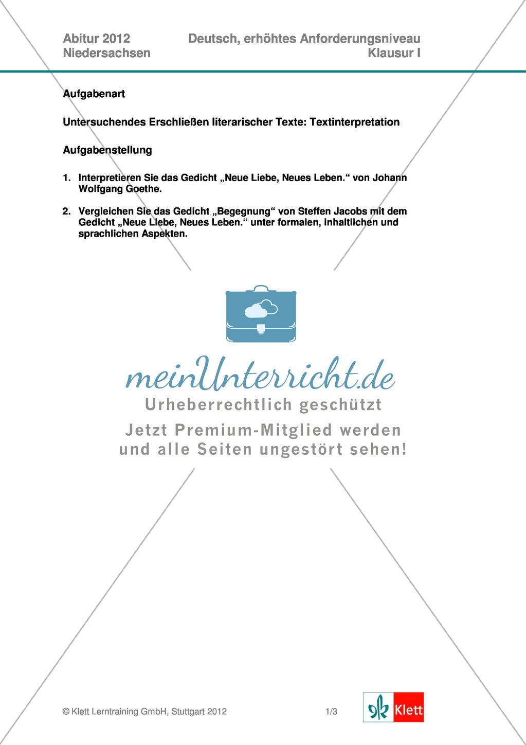Abituraufgaben Niedersachsen 2012: Klausur I (erhöhtes Anforderungsniveau) - Gedichtanalyse zu