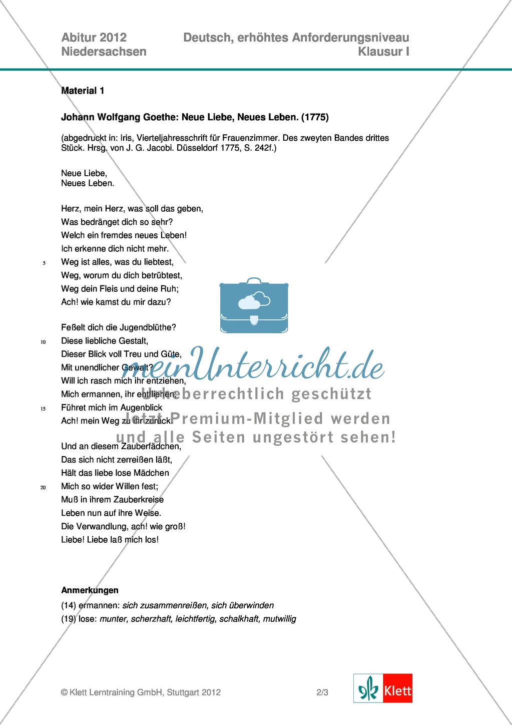 Abituraufgaben Niedersachsen 2012: Klausur I (erhöhtes Anforderungsniveau) - Gedichtanalyse zu