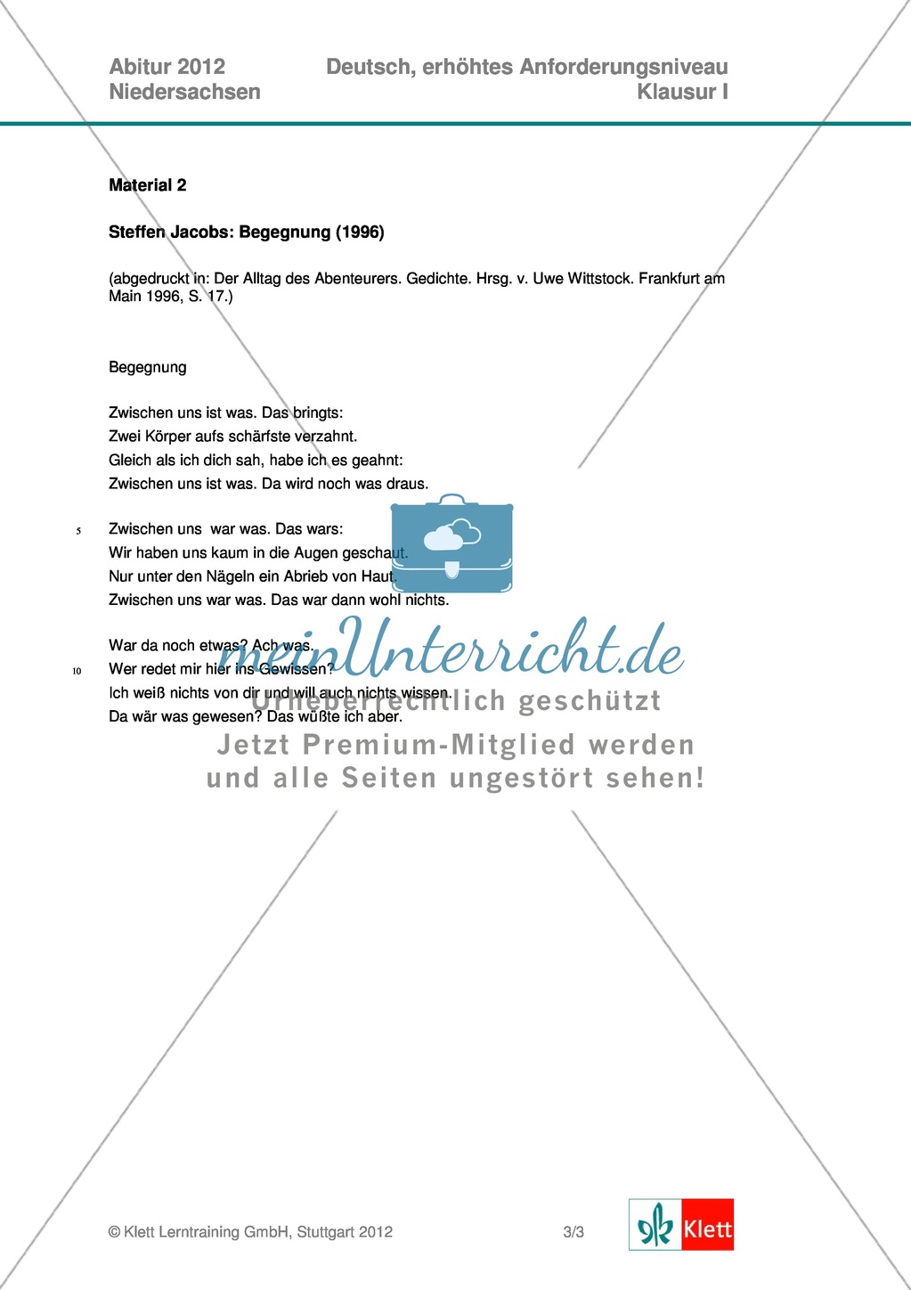 Abituraufgaben Niedersachsen 2012: Klausur I (erhöhtes Anforderungsniveau) - Gedichtanalyse zu