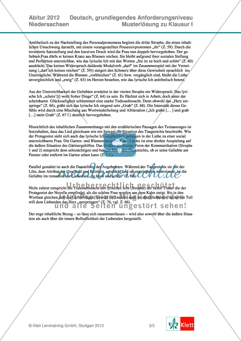 Abituraufgaben Niedersachsen 2012: Klausur I komplett (grundlegendes Anforderungsniveau) - Beschreibung und Interpretation von Joseph von Eichendorffs Novelle