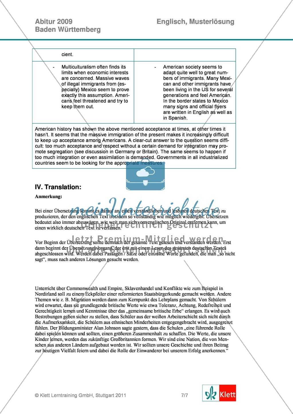 Abituraufgaben Baden-Württemberg 2009: Textaufgaben zu einem Artikel über Immigration in Großbritannien + Lösungen. Preview 10