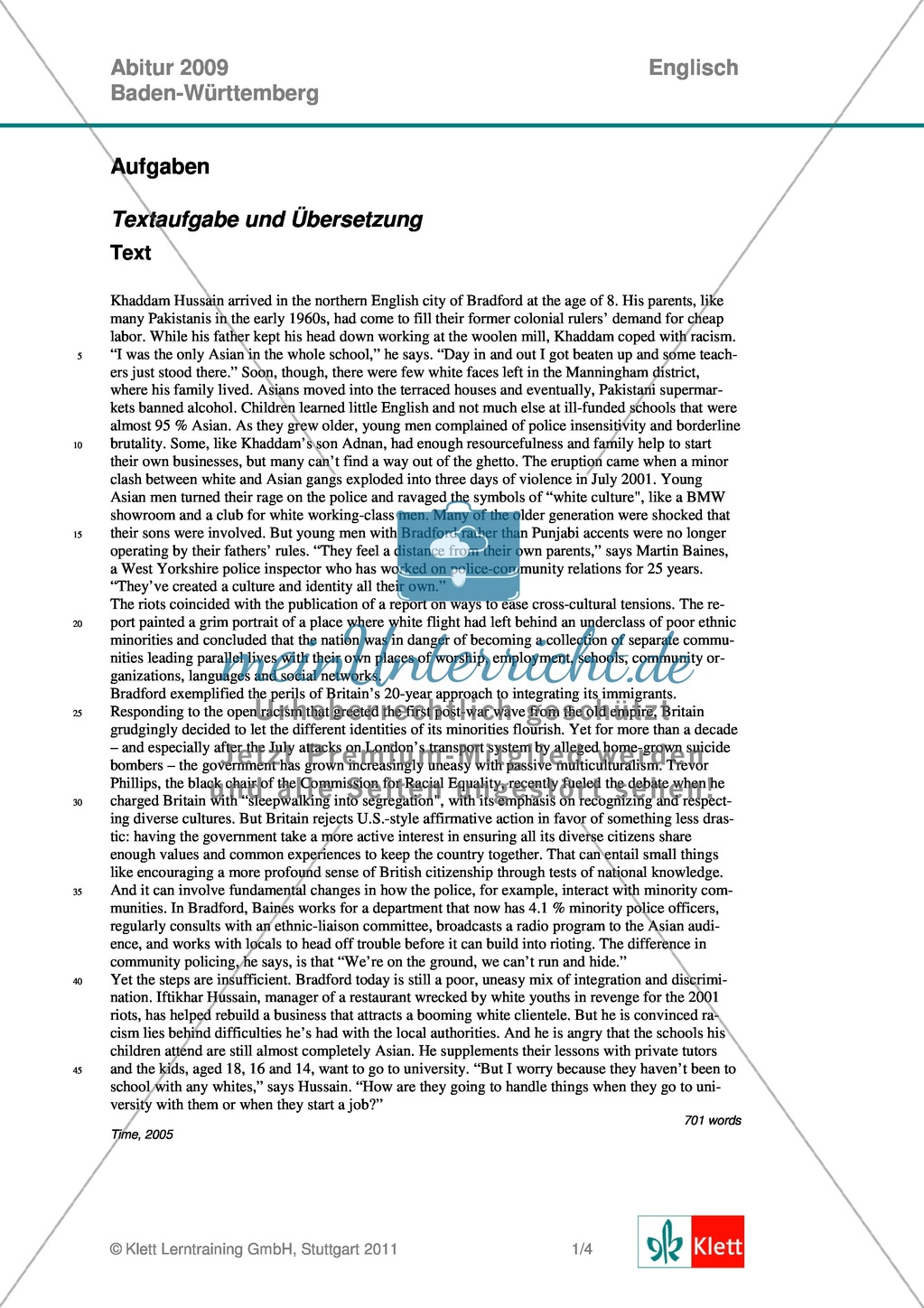 Abituraufgaben Baden-Württemberg 2009: Textaufgaben zu einem Artikel über Immigration in Großbritannien + Lösungen. Preview 1