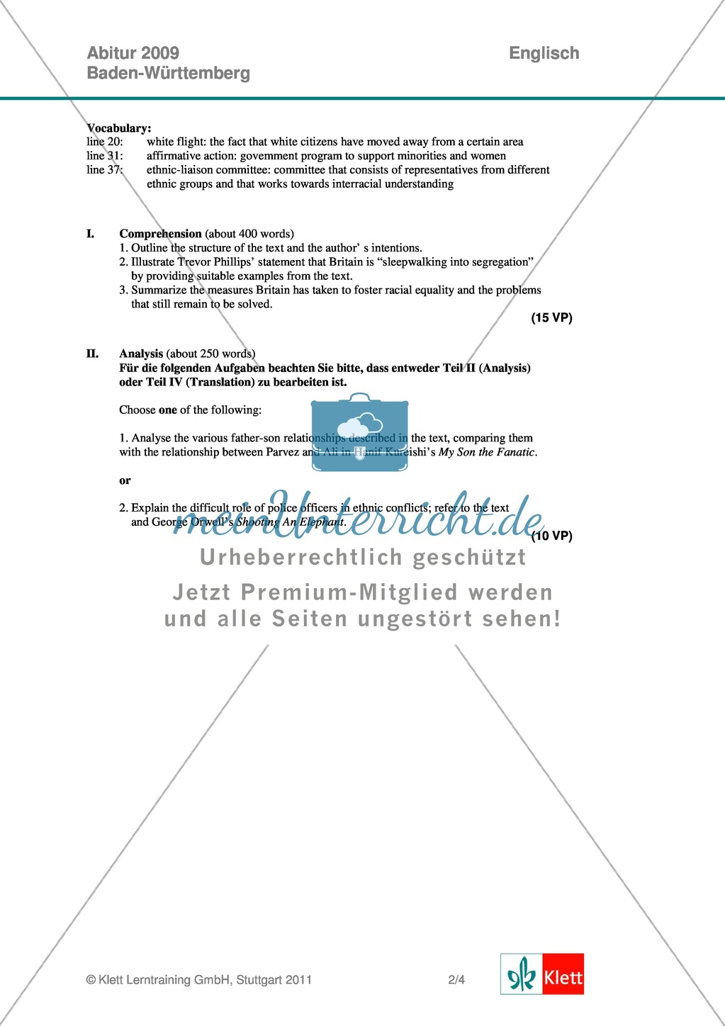 Abituraufgaben Baden-Württemberg 2009: Textaufgaben zu einem Artikel über Immigration in Großbritannien + Lösungen. Preview 2