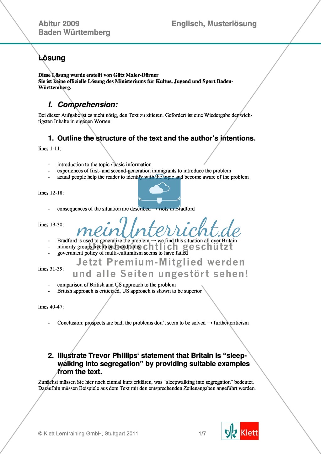 Abituraufgaben Baden-Württemberg 2009: Textaufgaben zu einem Artikel über Immigration in Großbritannien + Lösungen. Preview 4