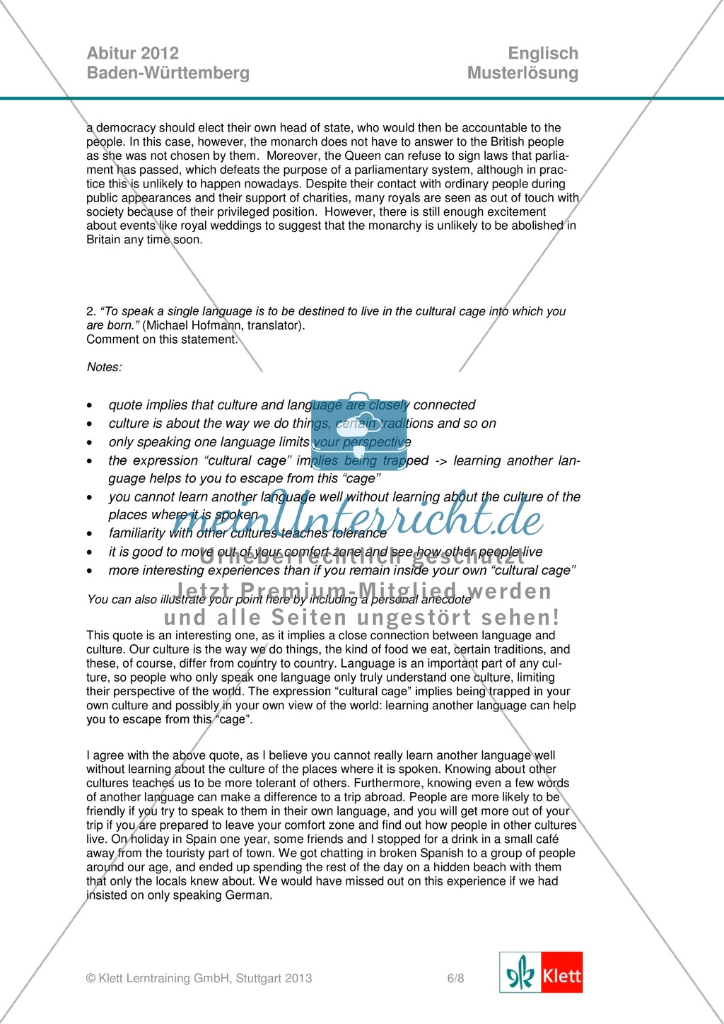 Abituraufgaben Baden-Württemberg 2013: Composition: letter / comment + Lösungen. Preview 3