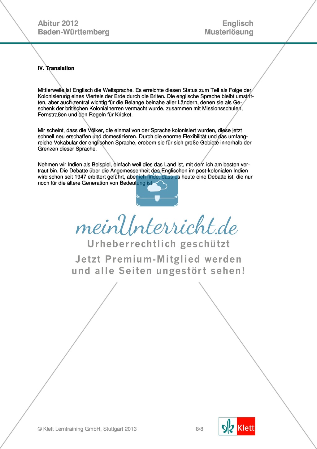 Abituraufgaben Baden-Württemberg 2013: Übersetzung eines Ausschnitts aus