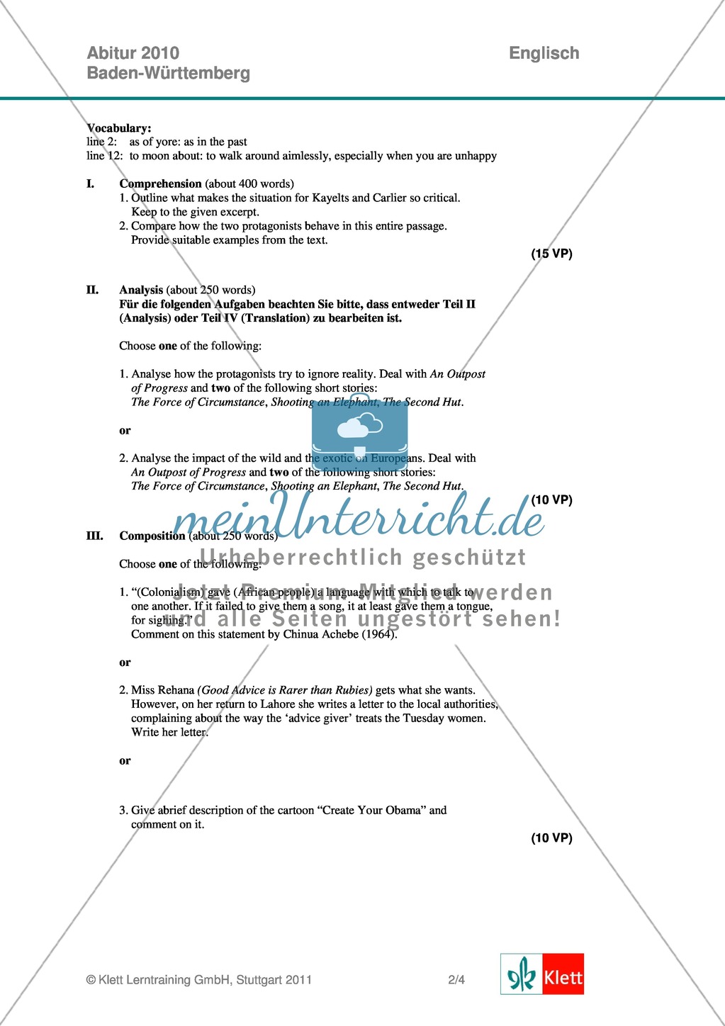 Abituraufgaben Baden-Württemberg 2010 zum Thema