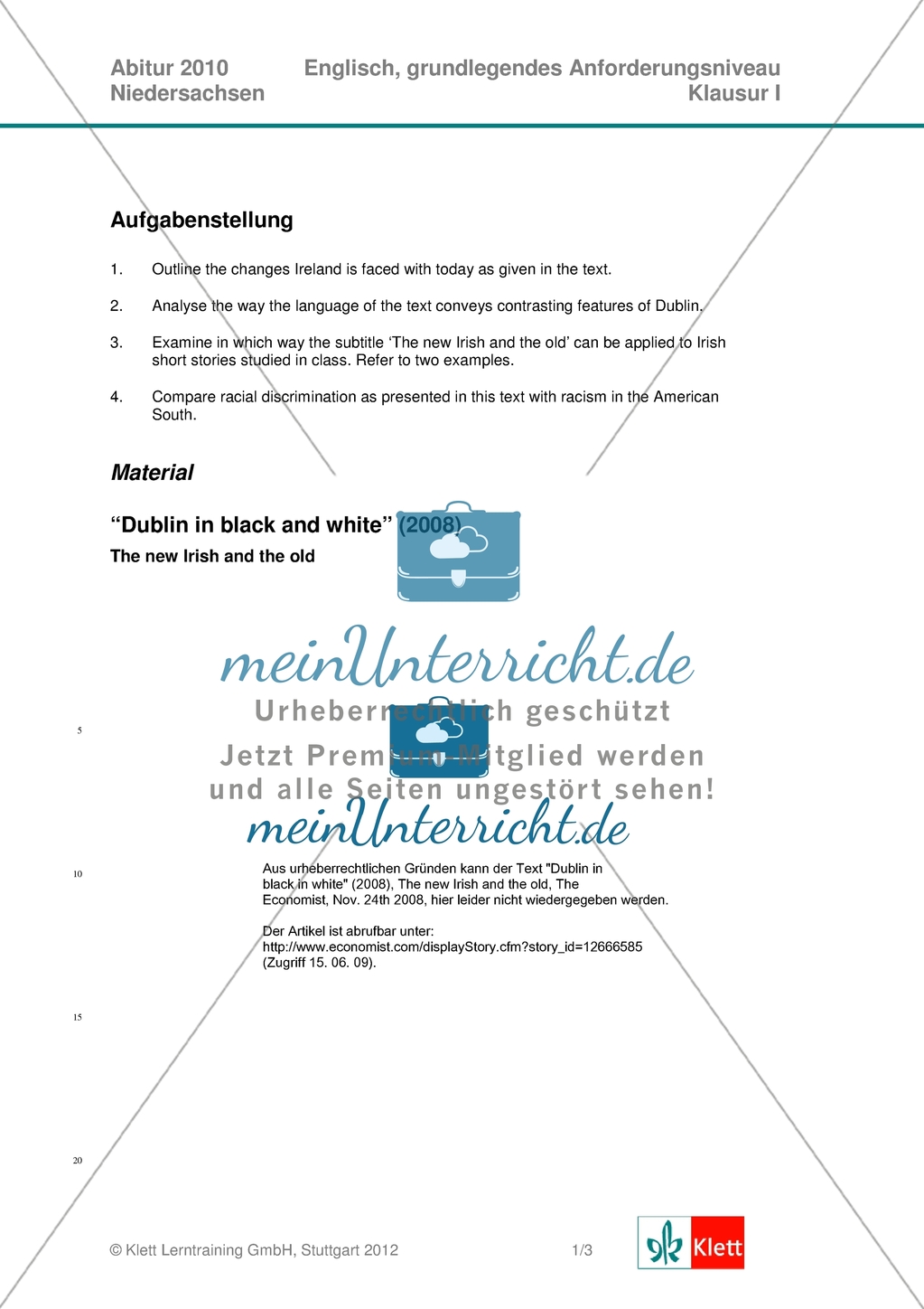 Abituraufgaben Niedersachsen 2010: Aufgabenstellung und Material zu Klausur I mit grundlegendem Anforderungsniveau zu