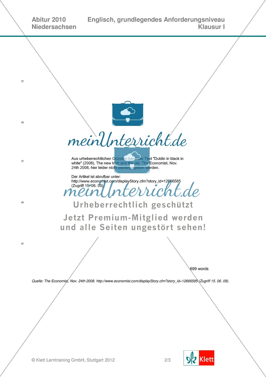 Abituraufgaben Niedersachsen 2010: Aufgabenstellung und Material zu Klausur I mit grundlegendem Anforderungsniveau zu