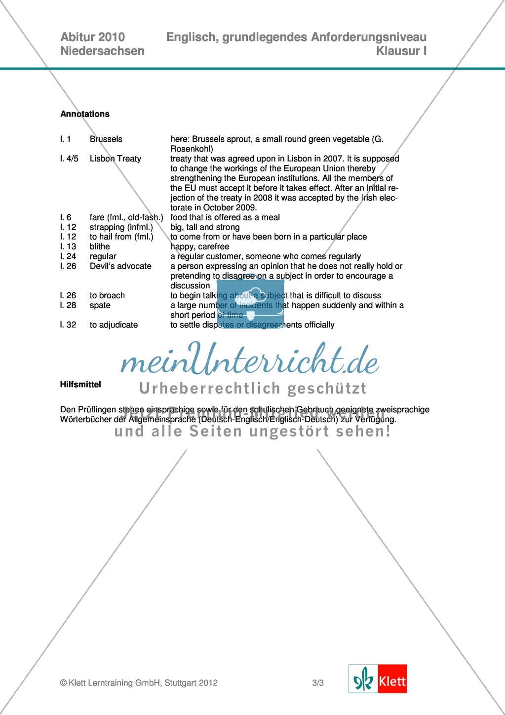Abituraufgaben Niedersachsen 2010: Aufgabenstellung und Material zu Klausur I mit grundlegendem Anforderungsniveau zu
