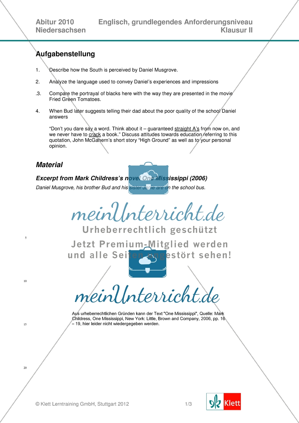 Abituraufgaben Niedersachsen 2010: Klausur II (komplett) mit grundlegendem Anforderungsniveau zu