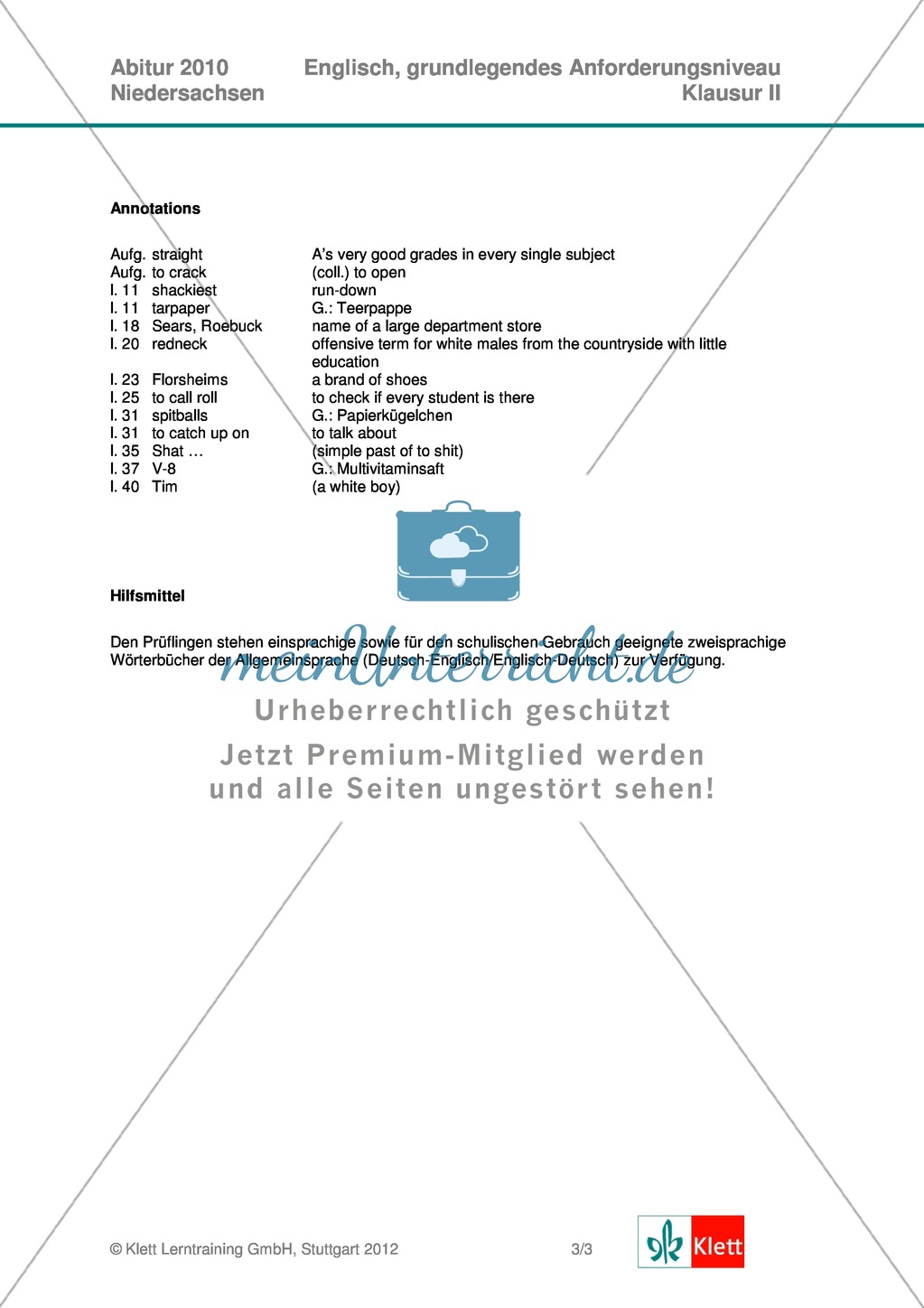 Abituraufgaben Niedersachsen 2010: Klausur II (komplett) mit grundlegendem Anforderungsniveau zu