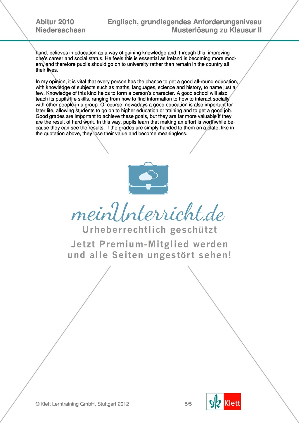 Abituraufgaben Niedersachsen 2010: Musterlösung zu Klausur II mit grundlegendem Anforderungsniveau zu