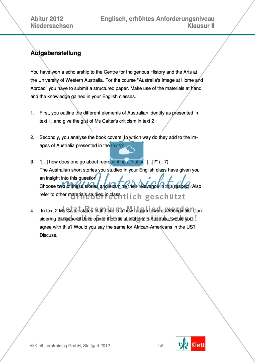 Vollständige Abituraufgabe Niedersachen, erhöhtes Anforderungsniveau, 2012: Aufgabenstellung zur Textanalyse von Auszügen aus