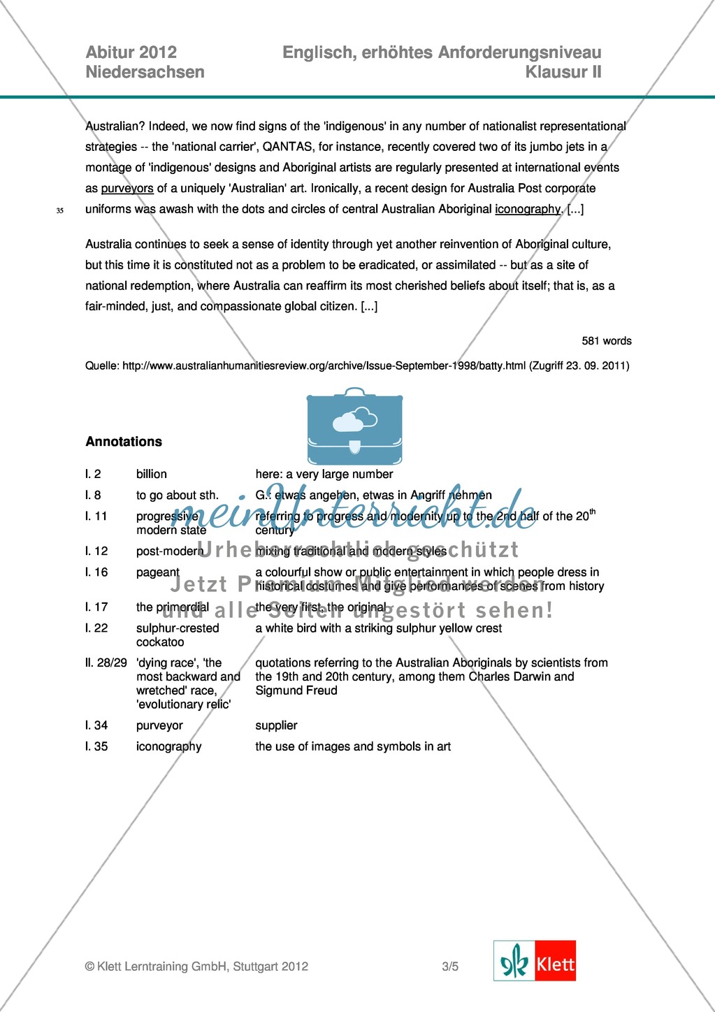 Vollständige Abituraufgabe Niedersachen, erhöhtes Anforderungsniveau, 2012: Aufgabenstellung zur Textanalyse von Auszügen aus