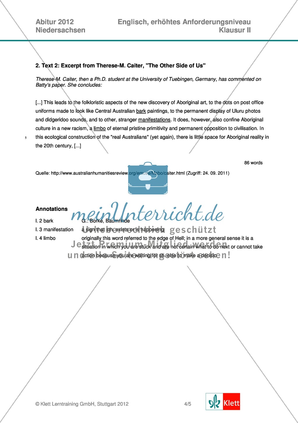 Vollständige Abituraufgabe Niedersachen, erhöhtes Anforderungsniveau, 2012: Aufgabenstellung zur Textanalyse von Auszügen aus