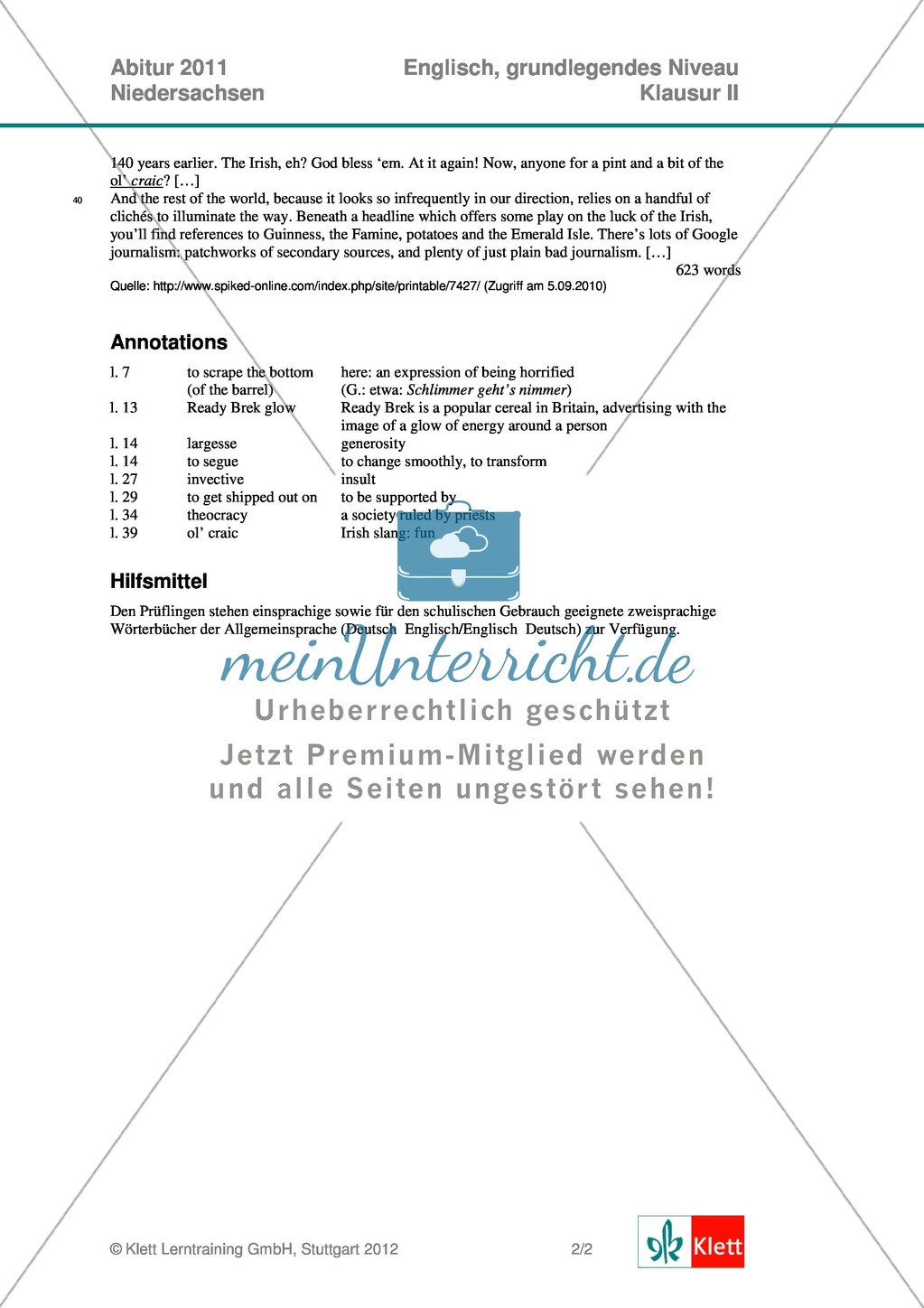 Abituraufgabe Niedersachsen, grundlegendes Anforderungsniveau, 2011: Aufgaben zur Textanalyse eines Auszugs aus