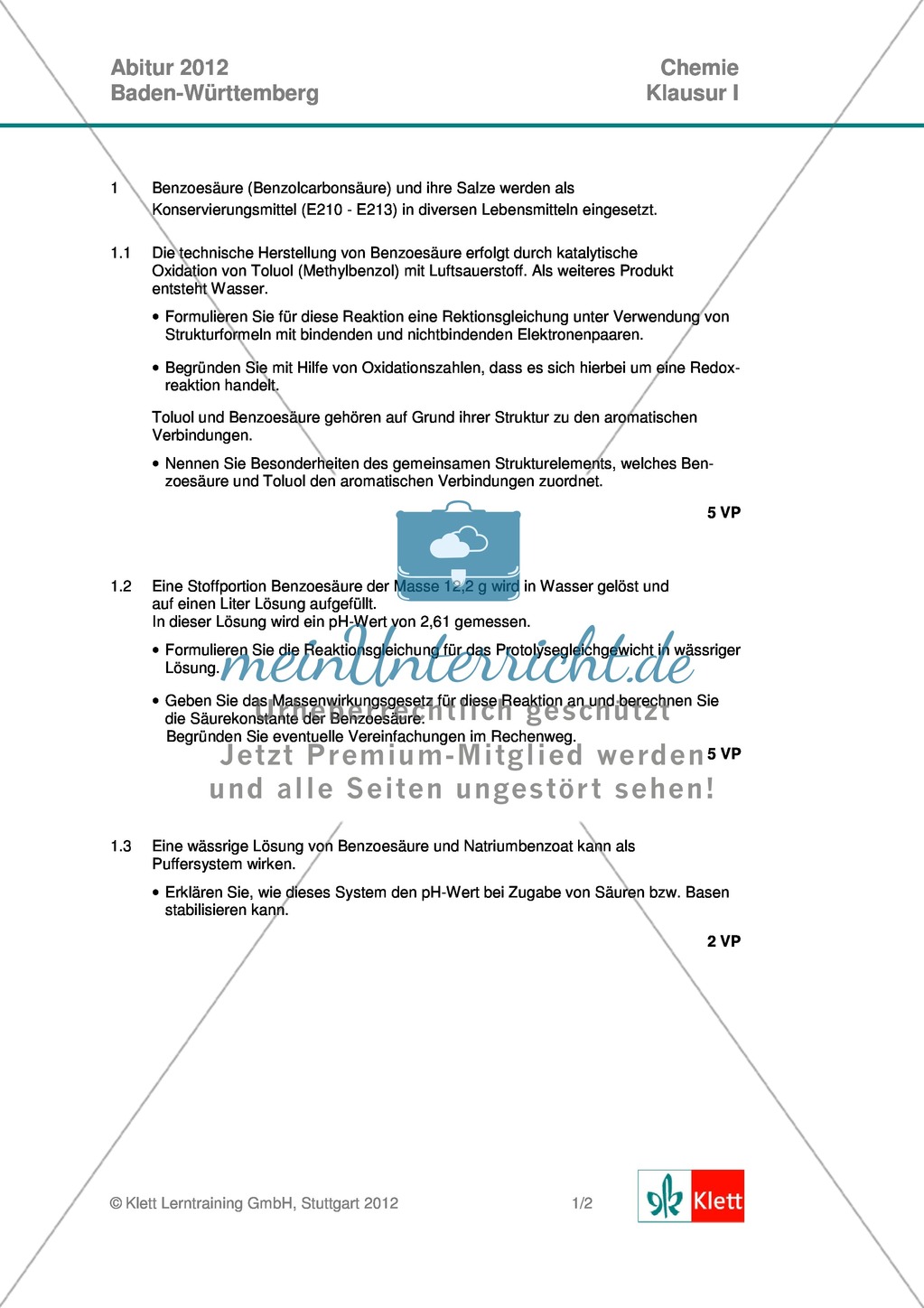 Abituraufgaben Baden-Württemberg 2012-I:Erschließen von Eigenschaften der Benzoesäure.Mit Arbeitsmaterial und Lösungen. Preview 1