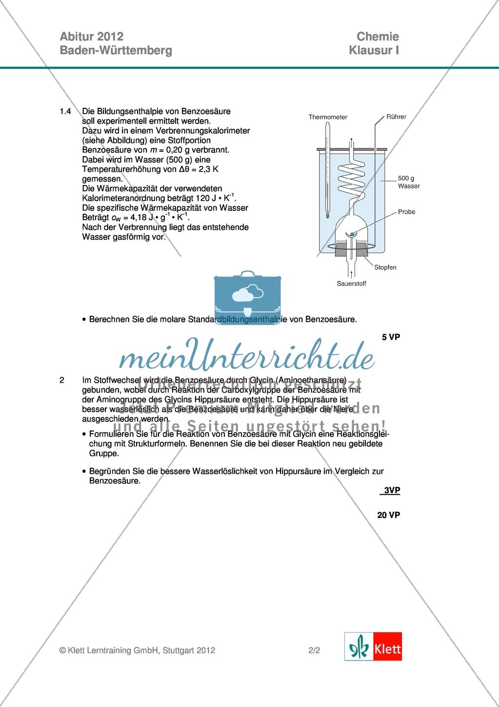 Abituraufgaben Baden-Württemberg 2012-I:Erschließen von Eigenschaften der Benzoesäure.Mit Arbeitsmaterial und Lösungen. Preview 2