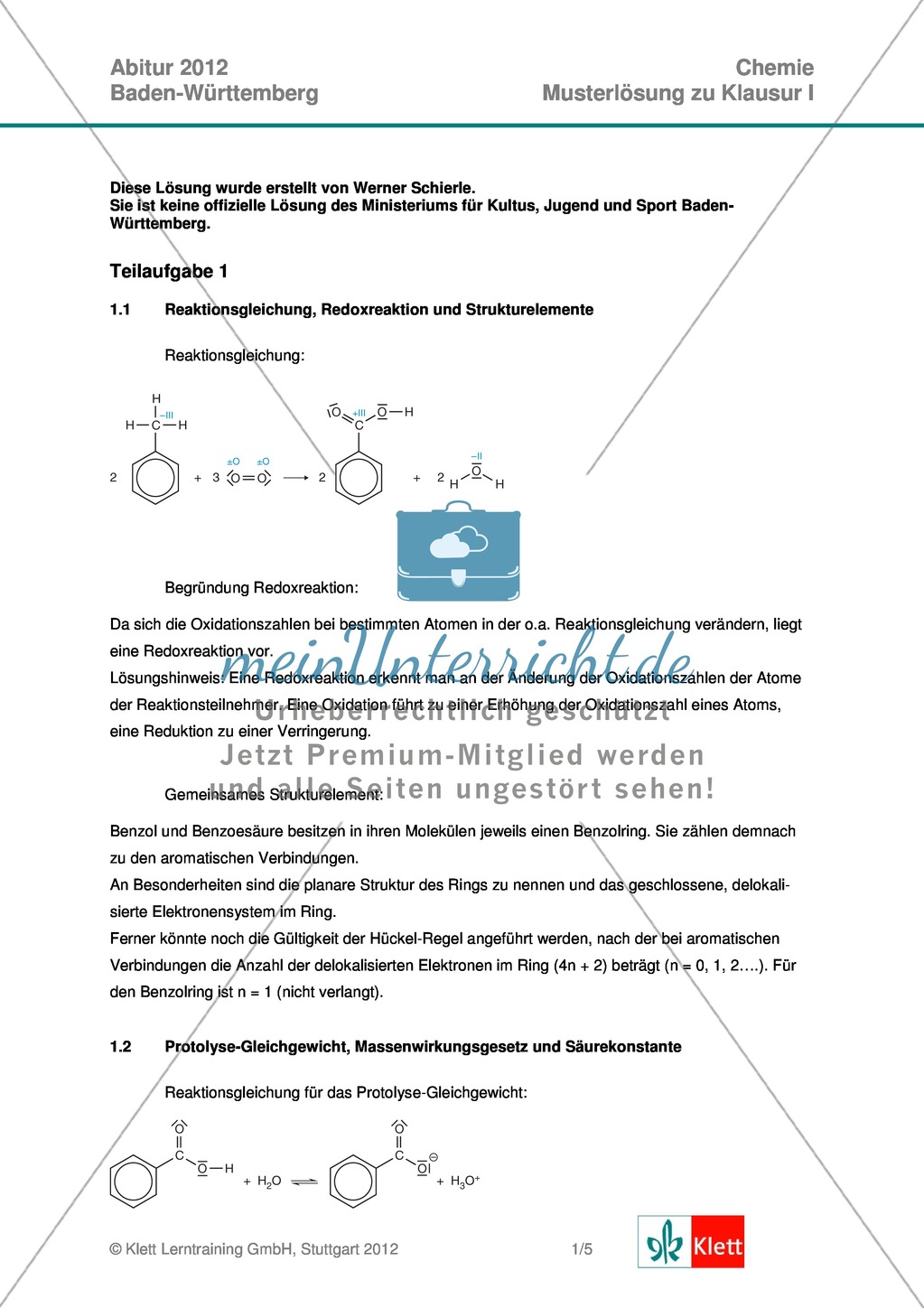 Abituraufgaben Baden-Württemberg 2012-I:Erschließen von Eigenschaften der Benzoesäure.Mit Arbeitsmaterial und Lösungen. Preview 3
