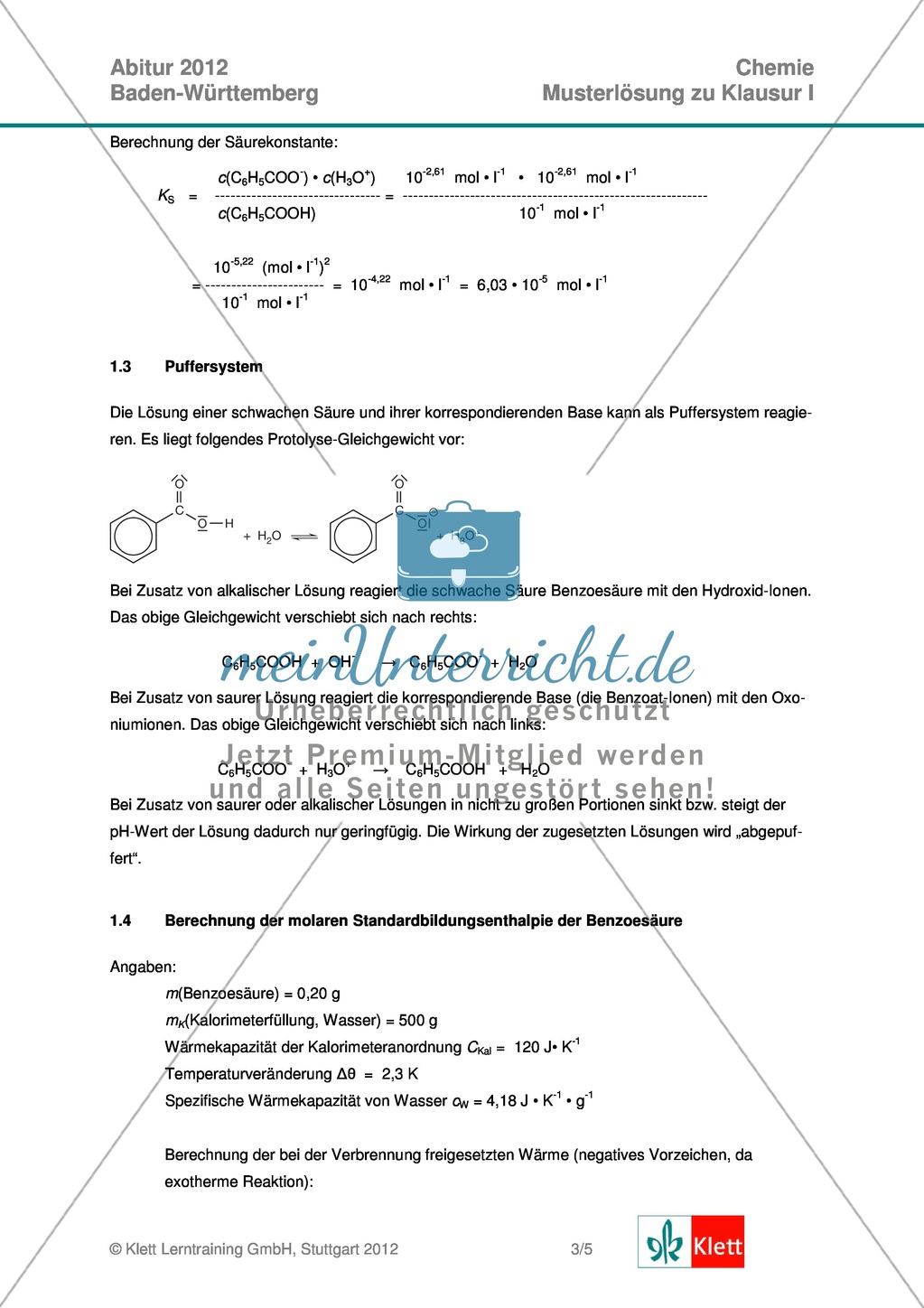 Abituraufgaben Baden-Württemberg 2012-I:Erschließen von Eigenschaften der Benzoesäure.Mit Arbeitsmaterial und Lösungen. Preview 5